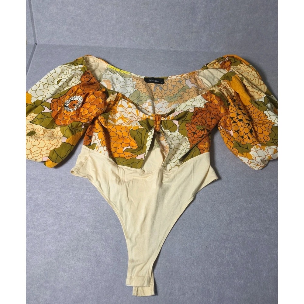 Anna Grace L Orange Retro Floral Paisley Balloon Sleeve Bodysuit Women's Large